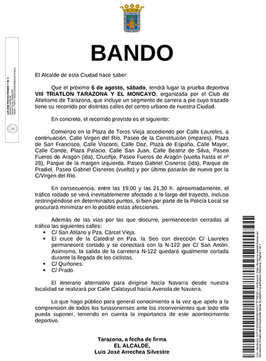 6 de agosto - Corte de tráfico para la celebración del VIII Triatlón Tarazona y el Moncayo