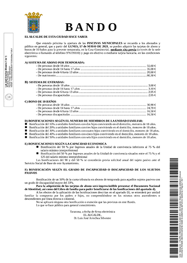 Bando apertura y bonos de piscinas municipales La Glorieta - Tarazona