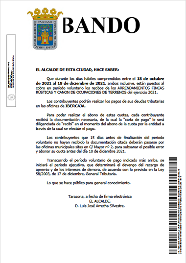 Bando- Cobro voluntario de Arrendamientos Fincas Rústicas y Canon de Ocupaciones de Terrenos 2021