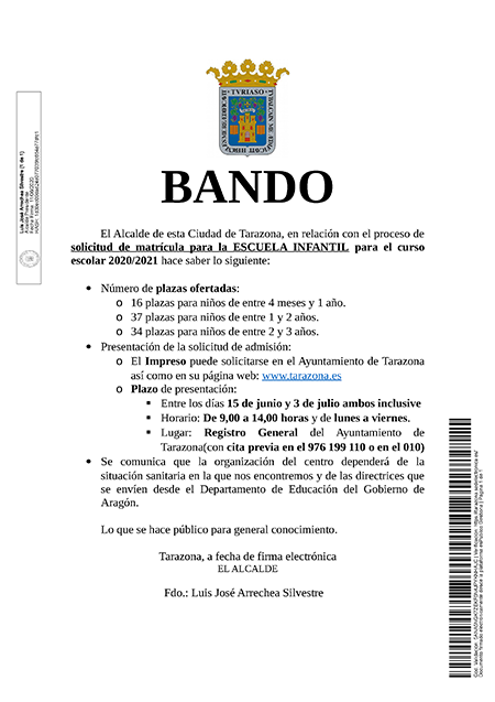 Bando - Matrículas Escuela Infantil Tarazona