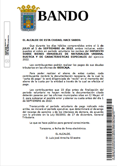 Bando - Impuesto sobre bienes inmuebles de naturaleza urbana rústica y de características especiales