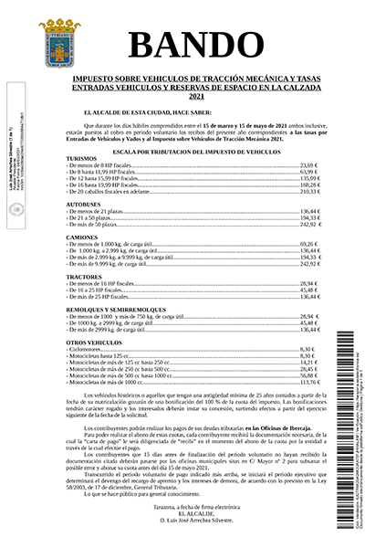 IMPUESTO SOBRE VEHICULOS DE TRACCIÓN MECÁNICA Y TASASENTRADAS VEHICULOS Y RESERVAS DE ESPACIO EN LA CALZADA 2021