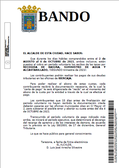 Tasa recogida de basura, suministro de agua y alcantarillado