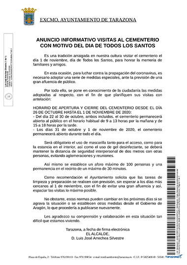 Anuncio informativo visitas cementerio día todos santos - Tarazona
