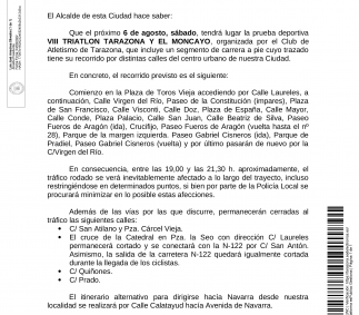 6 de agosto - Corte de tráfico para la celebración del VIII Triatlón Tarazona y el Moncayo
