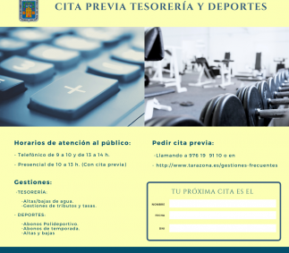 HORARIOS DE ATENCIÓN AL PÚBLICO  EN TESORERÍA Y DEPORTES  (Cita previa)   