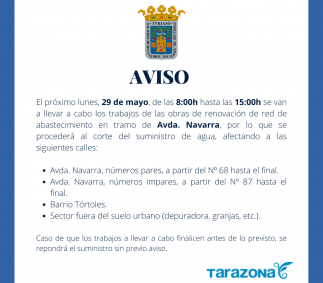 Corte de suministro de agua en Avda. Navarra y Tórtoles