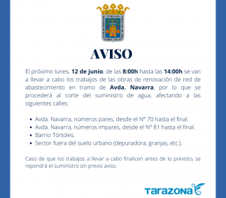 Corte de suministro de agua el 12 de junio