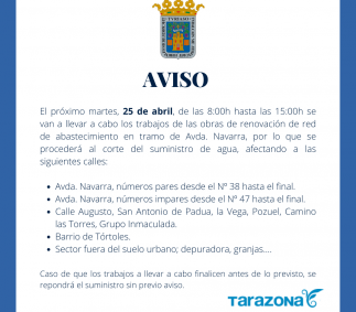 Corte de agua el 25 de abril en zona Avda. Navarra y Tórtoles