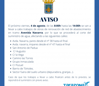 Corte de agua obras Avda. Navarra - Viernes 4 de agosto